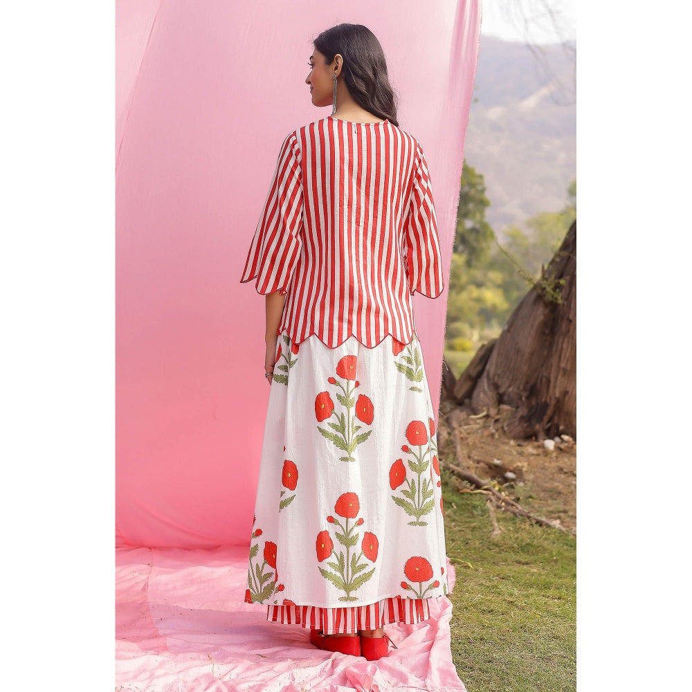 Gulaal Brij Red Poppy And Stripe Shirt with Lehenga (Set of 2)