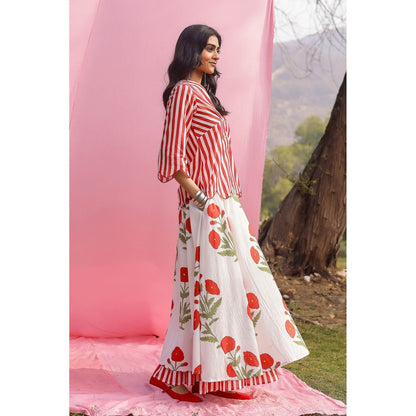 Gulaal Brij Red Poppy And Stripe Shirt with Lehenga (Set of 2)