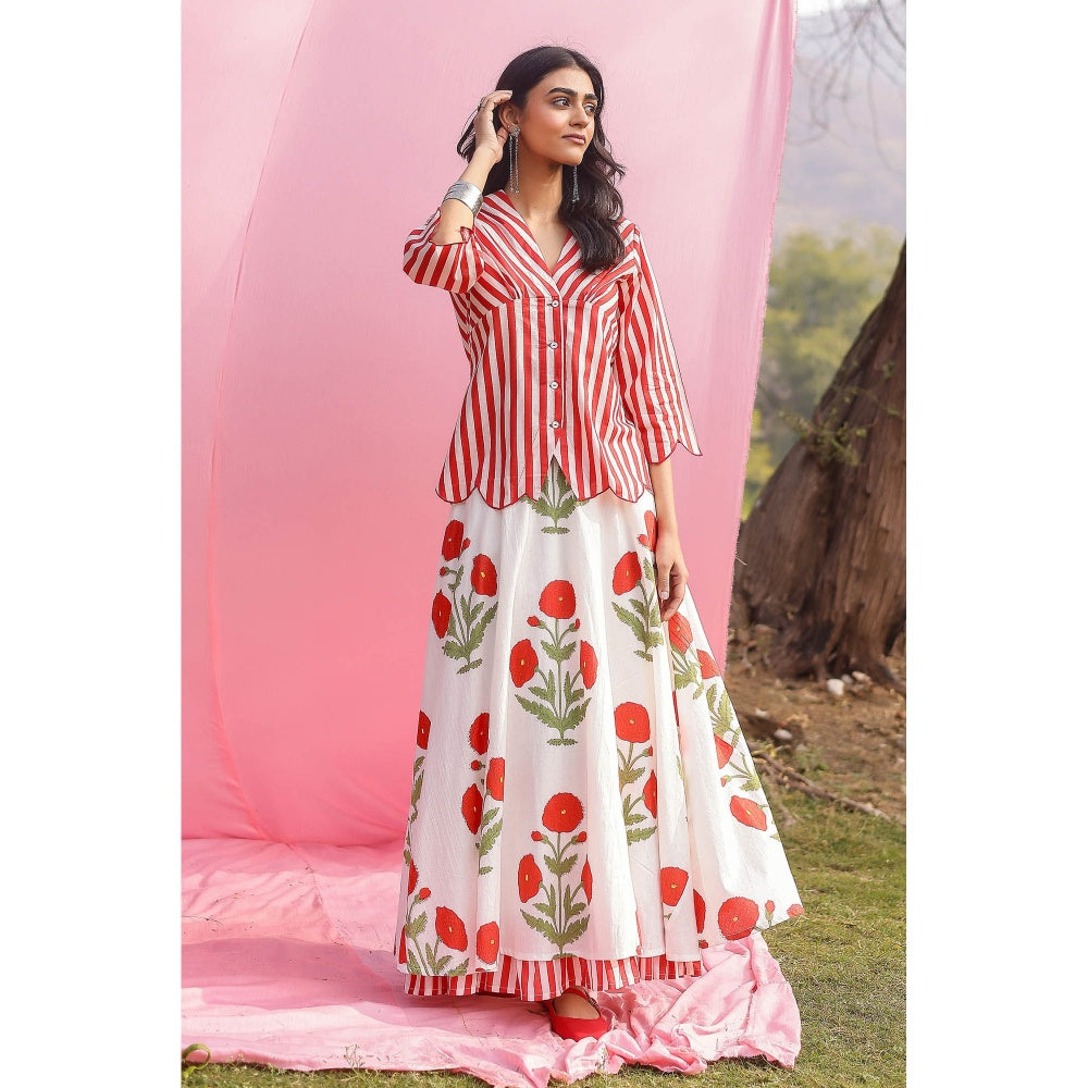 Gulaal Brij Red Poppy And Stripe Shirt with Lehenga (Set of 2)