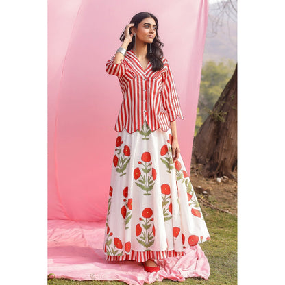 Gulaal Brij Red Poppy And Stripe Shirt with Lehenga (Set of 2)