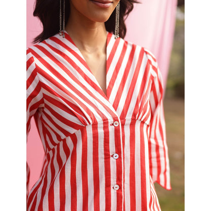 Gulaal Brij Red Poppy And Stripe Shirt with Lehenga (Set of 2)