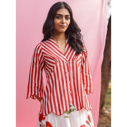 Gulaal Brij Red Poppy And Stripe Shirt with Lehenga (Set of 2)