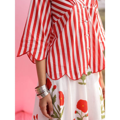 Gulaal Brij Red Poppy And Stripe Shirt with Lehenga (Set of 2)