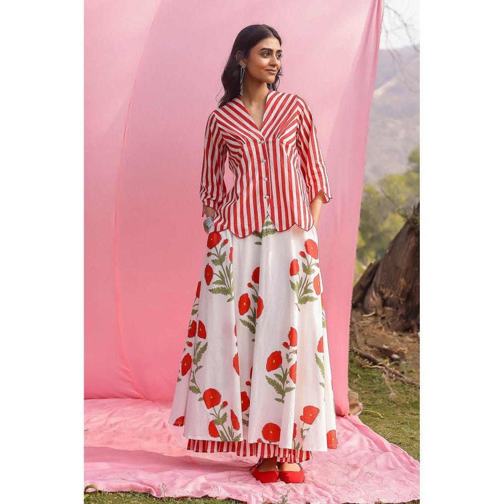 Gulaal Brij Red Poppy And Stripe Shirt with Lehenga (Set of 2)