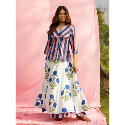 Gulaal Brij Multi-Color Poppy And Stripe Shirt with Lehenga (Set of 2)