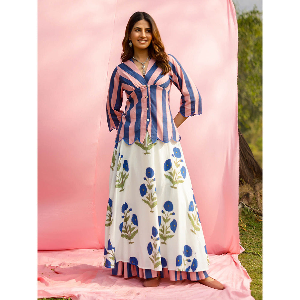 Gulaal Brij Multi-Color Poppy And Stripe Shirt with Lehenga (Set of 2)