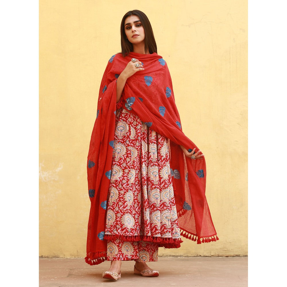 Gulabo Jaipur Acacia Red Anarkali Kurta with Pants & Dupatta (Set of 3)
