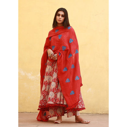 Gulabo Jaipur Acacia Red Anarkali Kurta with Pants & Dupatta (Set of 3)