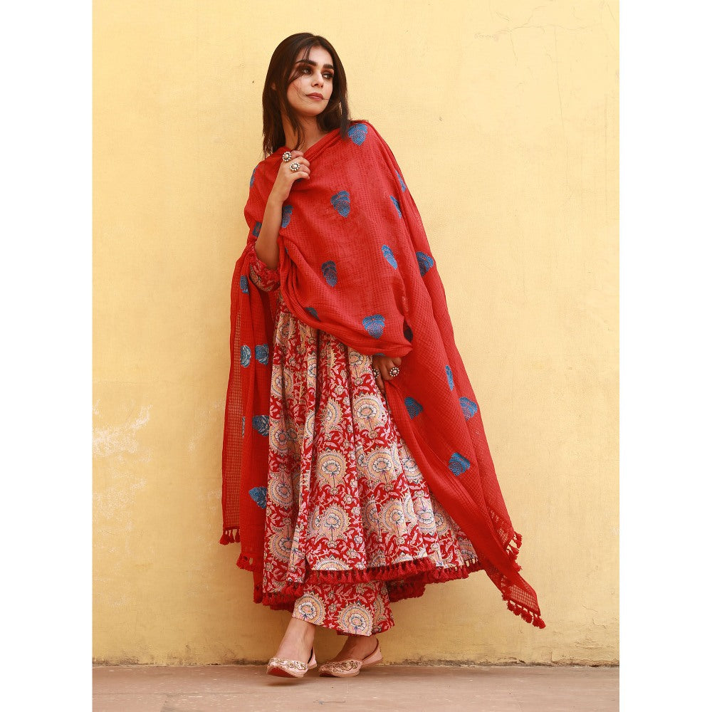 Gulabo Jaipur Acacia Red Anarkali Kurta with Pants & Dupatta (Set of 3)