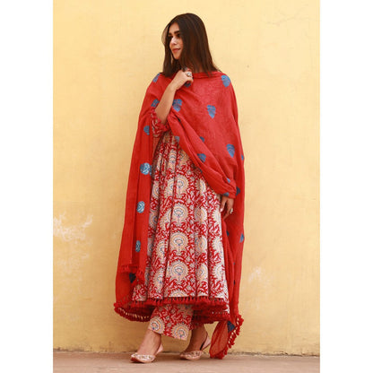 Gulabo Jaipur Acacia Red Anarkali Kurta with Pants & Dupatta (Set of 3)