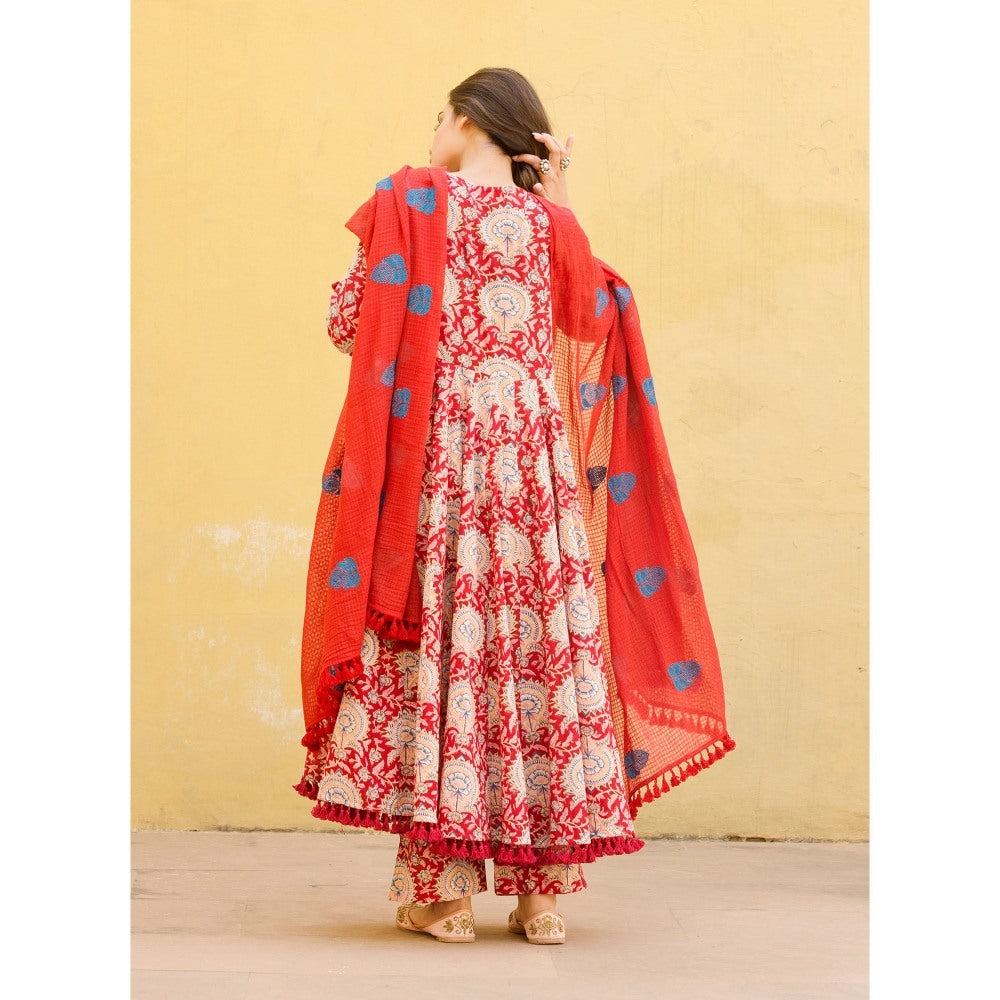 Gulabo Jaipur Acacia Red Anarkali Kurta with Pants & Dupatta (Set of 3)