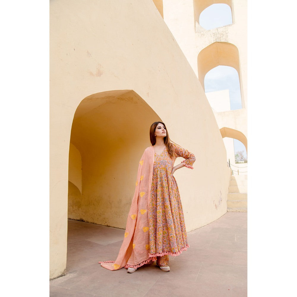 Gulabo Jaipur Acacia Peach Anarkali Kurta with Pants & Dupatta (Set of 3)