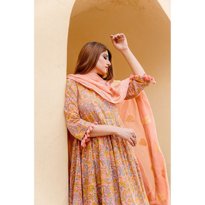 Gulabo Jaipur Acacia Peach Anarkali Kurta with Pants & Dupatta (Set of 3)