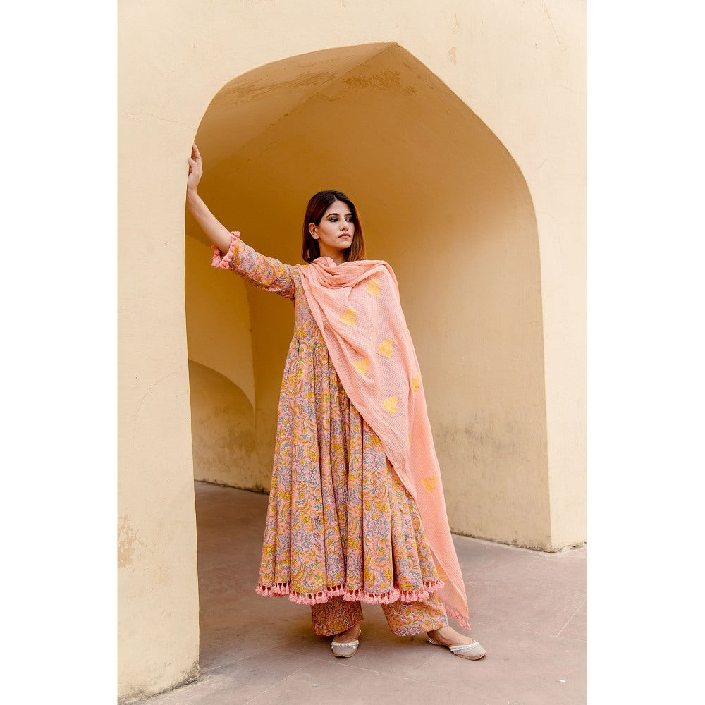 Gulabo Jaipur Acacia Peach Anarkali Kurta with Pants & Dupatta (Set of 3)
