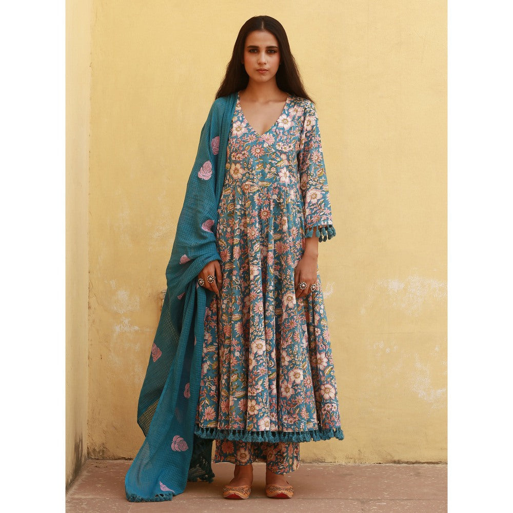 Gulabo Jaipur Acacia Blue Anarkali Kurta with Pants & Dupatta (Set of 3)