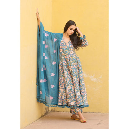 Gulabo Jaipur Acacia Blue Anarkali Kurta with Pants & Dupatta (Set of 3)