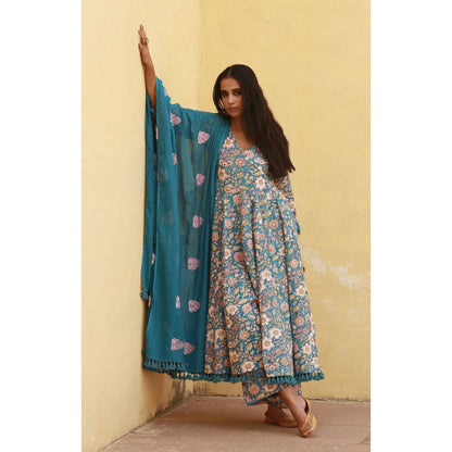 Gulabo Jaipur Acacia Blue Anarkali Kurta with Pants & Dupatta (Set of 3)