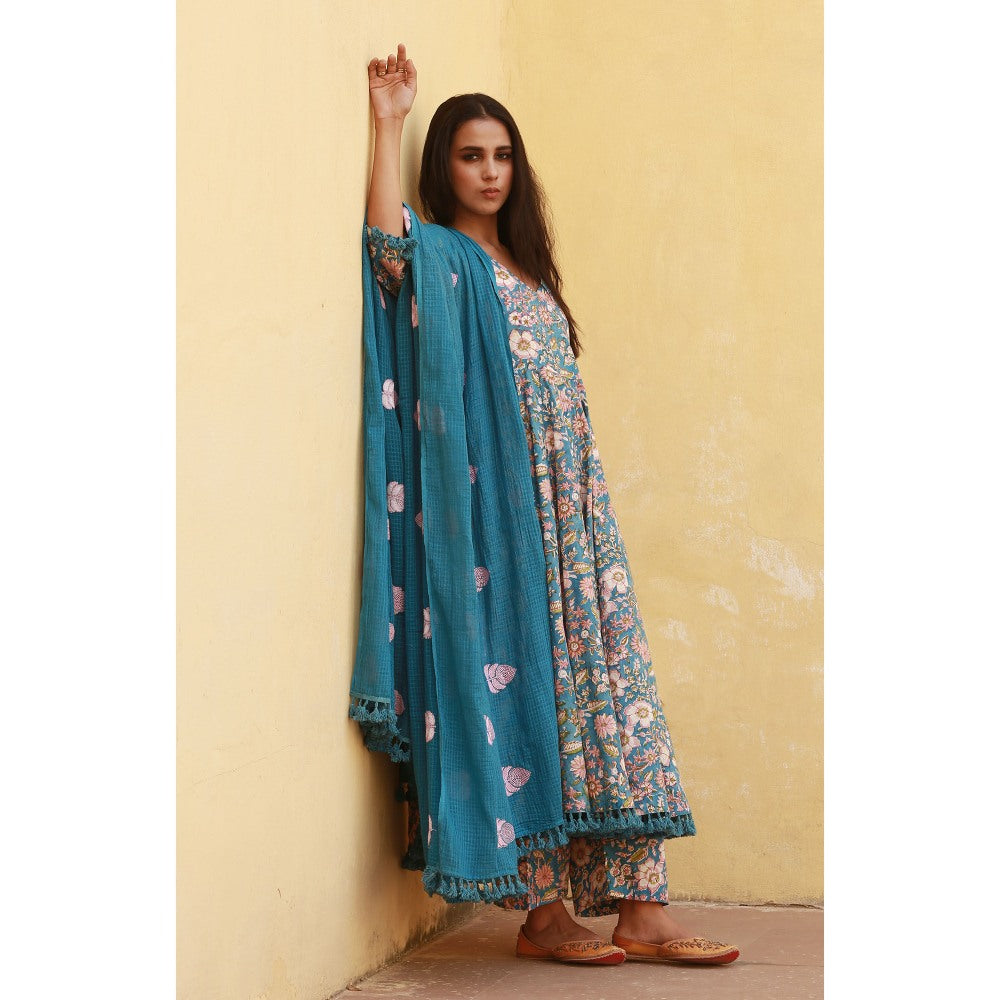 Gulabo Jaipur Acacia Blue Anarkali Kurta with Pants & Dupatta (Set of 3)