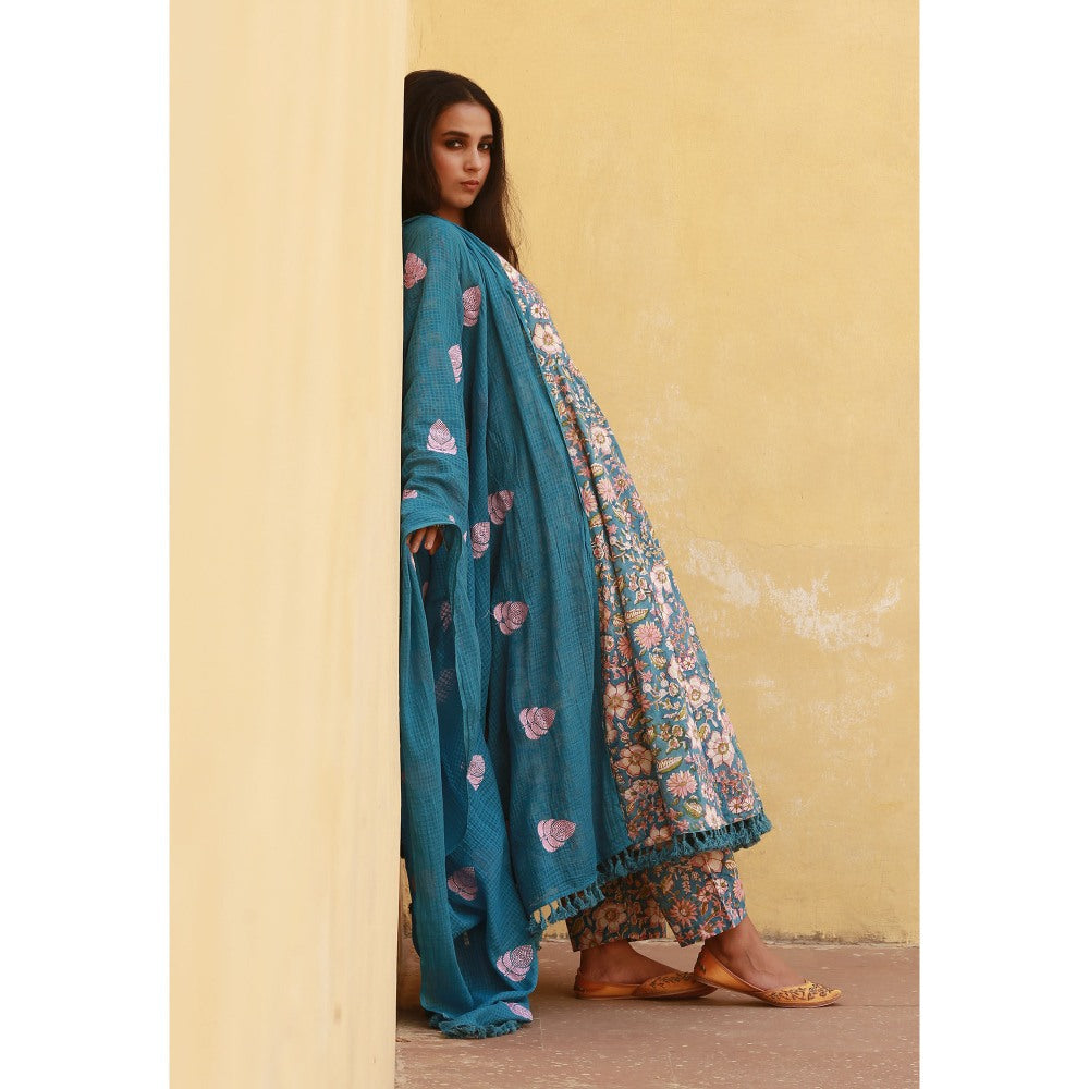 Gulabo Jaipur Acacia Blue Anarkali Kurta with Pants & Dupatta (Set of 3)