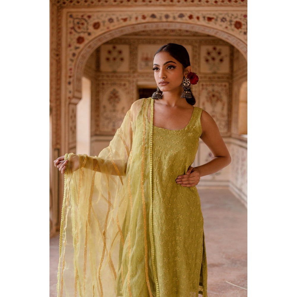 Gulabo Jaipur Imrat Cut Sleeves Green Straight Kurta with Pants & Dupatta (Set of 3)