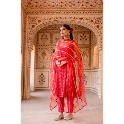 Gulabo Jaipur Imrat Cut Sleeves Red Straight Kurta with Pants & Dupatta (Set of 3)