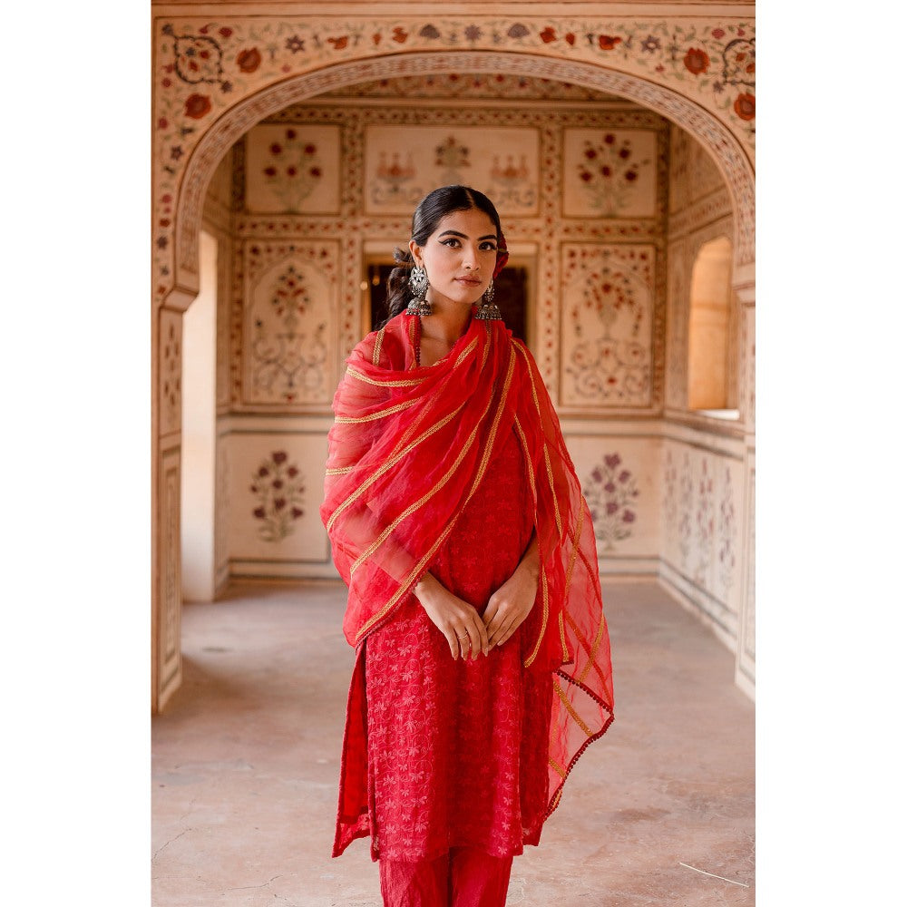 Gulabo Jaipur Imrat Cut Sleeves Red Straight Kurta with Pants & Dupatta (Set of 3)