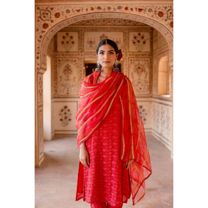 Gulabo Jaipur Imrat Cut Sleeves Red Straight Kurta with Pants & Dupatta (Set of 3)