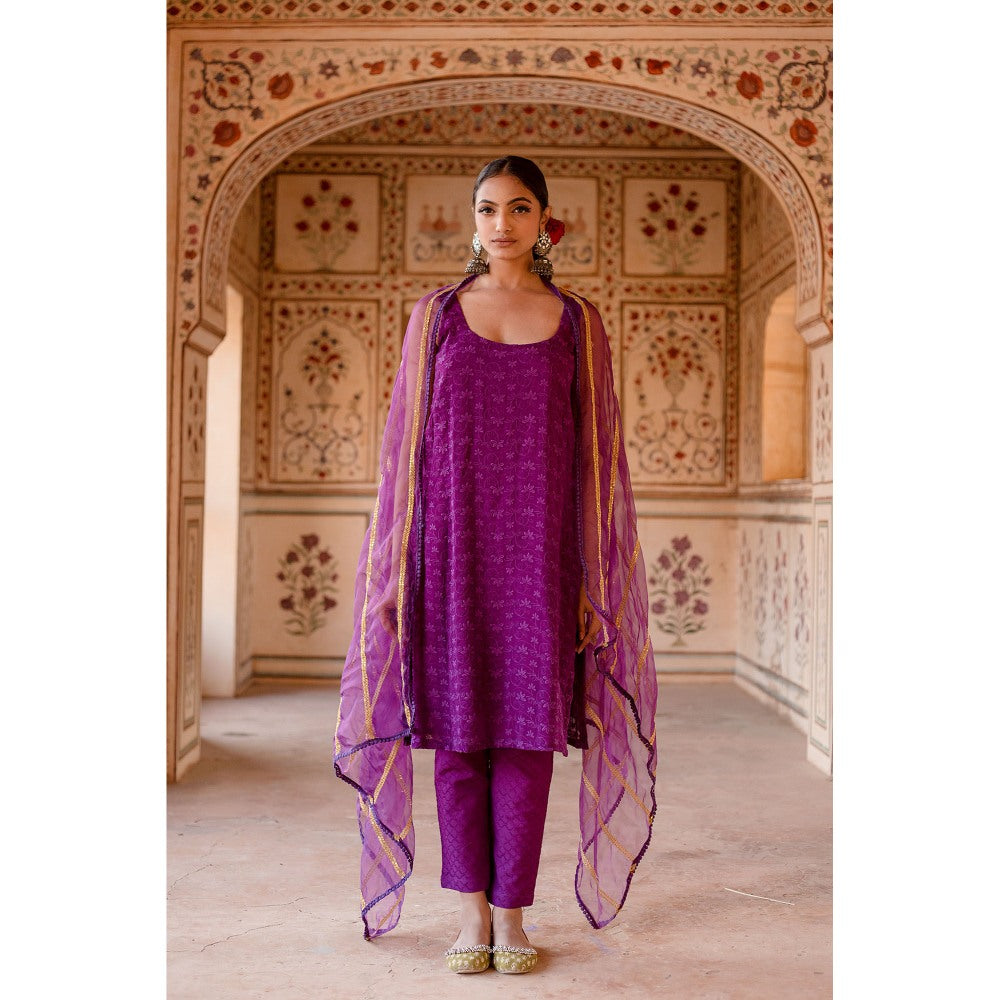 Gulabo Jaipur Imrat Cut Sleeves Purple Straight Kurta with Pants & Dupatta (Set of 3)