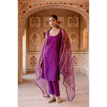 Gulabo Jaipur Imrat Cut Sleeves Purple Straight Kurta with Pants & Dupatta (Set of 3)