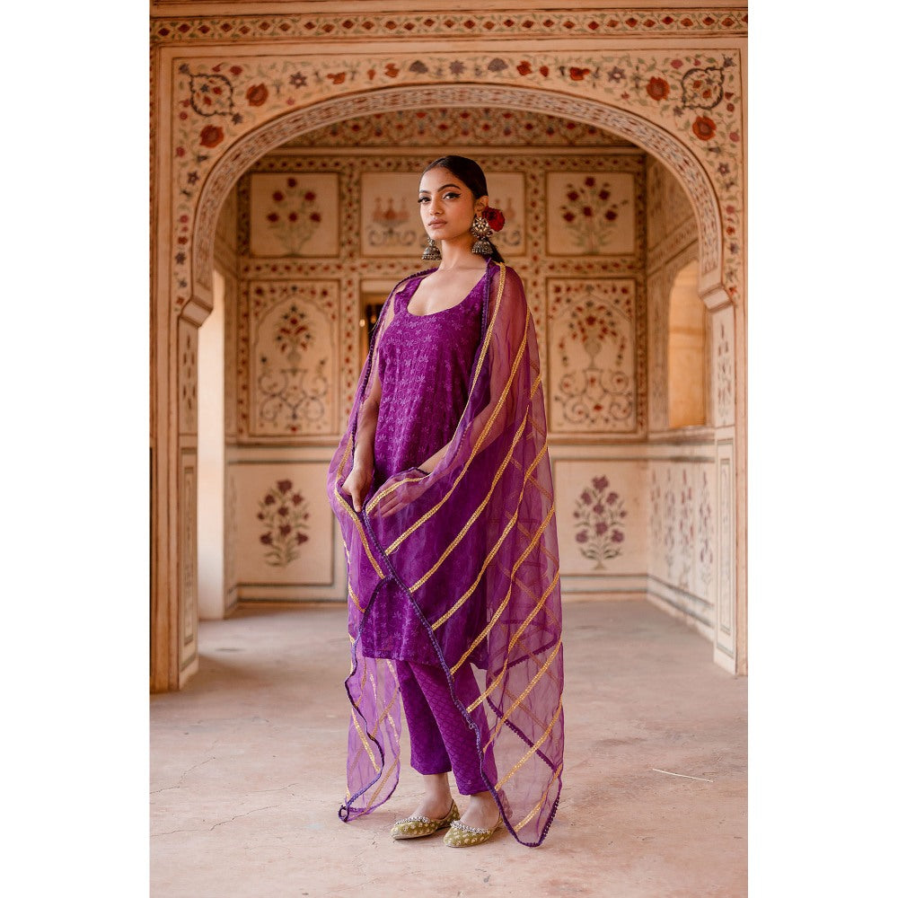 Gulabo Jaipur Imrat Cut Sleeves Purple Straight Kurta with Pants & Dupatta (Set of 3)