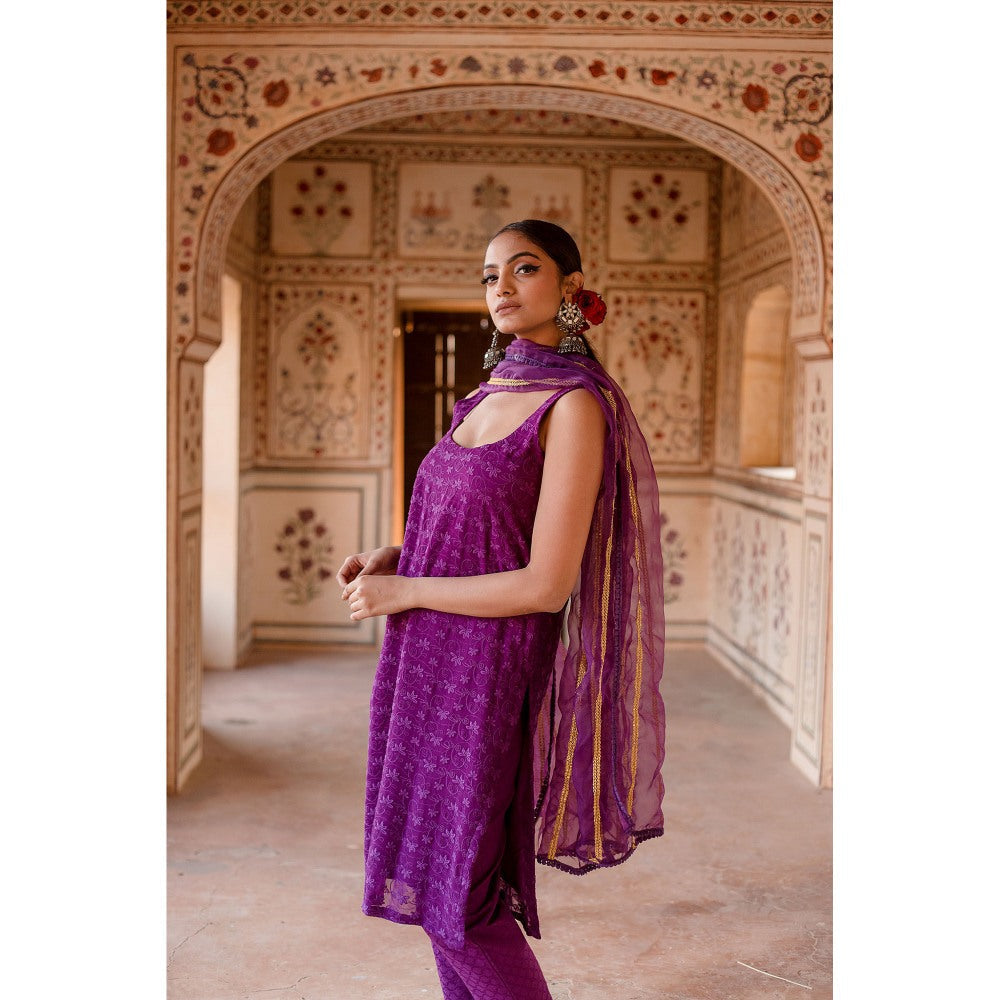 Gulabo Jaipur Imrat Cut Sleeves Purple Straight Kurta with Pants & Dupatta (Set of 3)