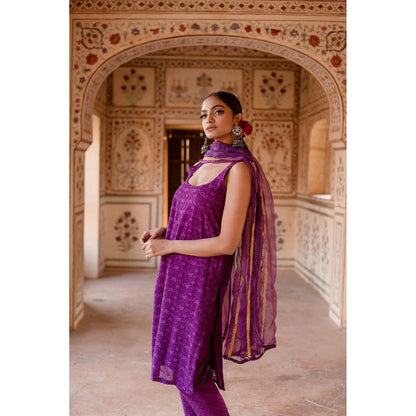 Gulabo Jaipur Imrat Cut Sleeves Purple Straight Kurta with Pants & Dupatta (Set of 3)