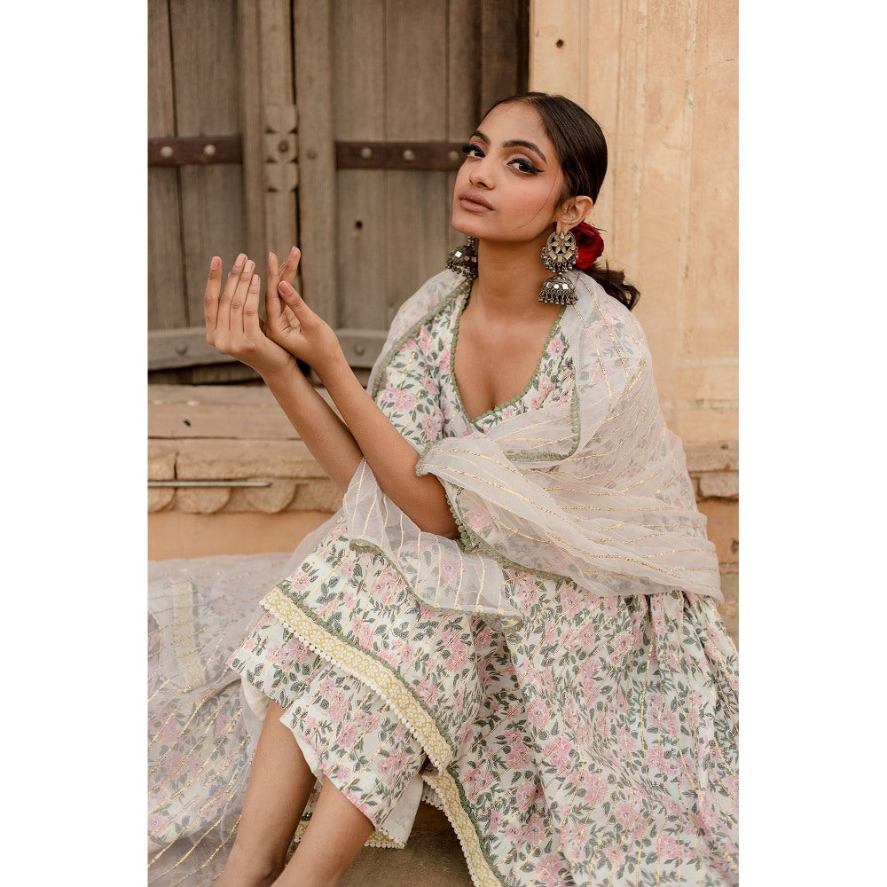 Gulabo Jaipur Prital White Anarkali Kurta with Pants & Dupatta (Set of 3)