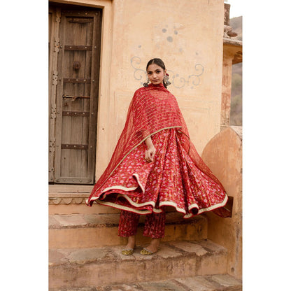 Gulabo Jaipur Prital Red Anarkali Kurta with Pants & Dupatta (Set of 3)