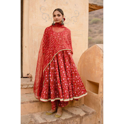 Gulabo Jaipur Prital Red Anarkali Kurta with Pants & Dupatta (Set of 3)