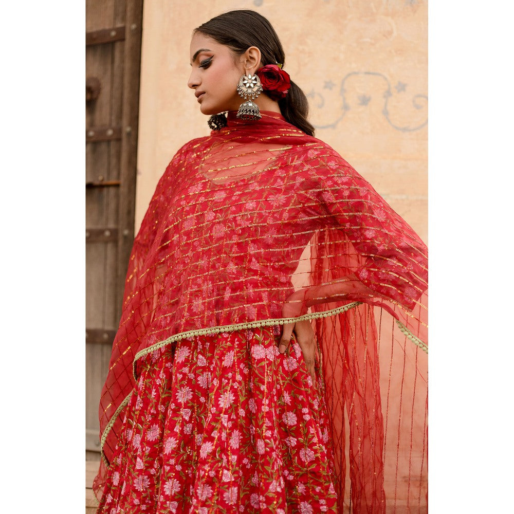 Gulabo Jaipur Prital Red Anarkali Kurta with Pants & Dupatta (Set of 3)