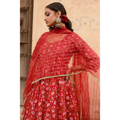 Gulabo Jaipur Prital Red Anarkali Kurta with Pants & Dupatta (Set of 3)