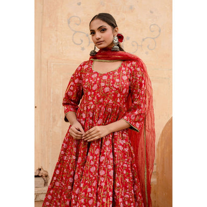 Gulabo Jaipur Prital Red Anarkali Kurta with Pants & Dupatta (Set of 3)