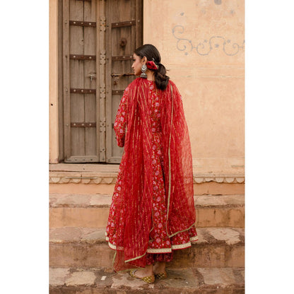Gulabo Jaipur Prital Red Anarkali Kurta with Pants & Dupatta (Set of 3)