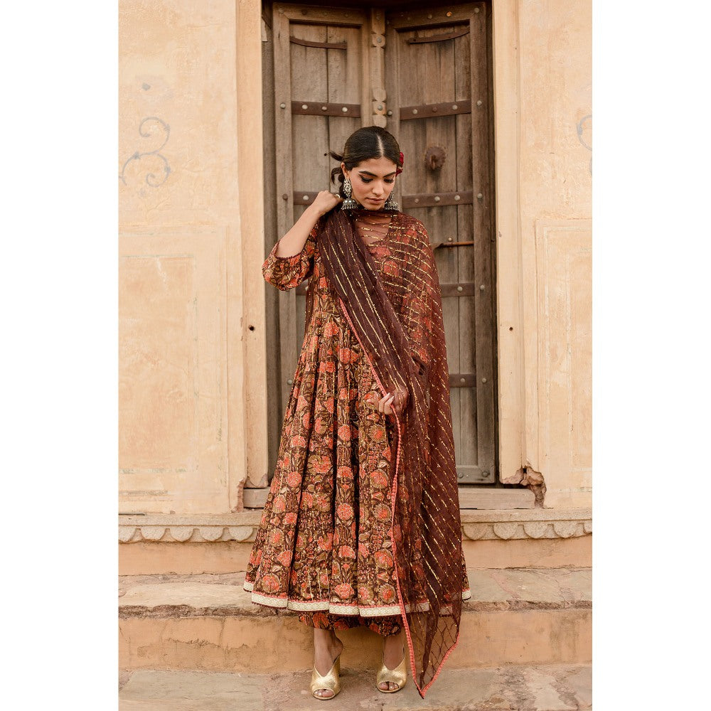 Gulabo Jaipur Prital Brown Anarkali Kurta with Pants & Dupatta (Set of 3)