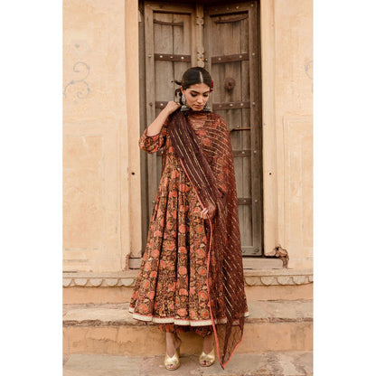Gulabo Jaipur Prital Brown Anarkali Kurta with Pants & Dupatta (Set of 3)