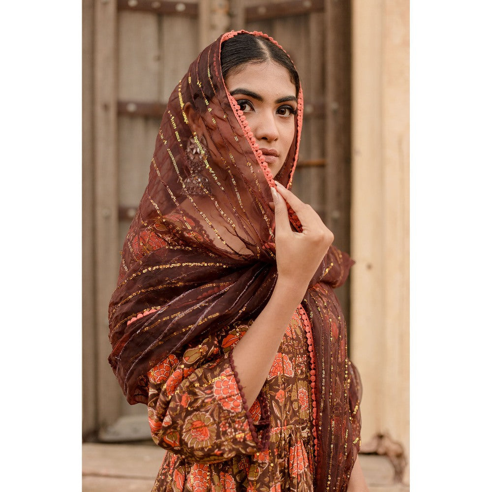 Gulabo Jaipur Prital Brown Anarkali Kurta with Pants & Dupatta (Set of 3)