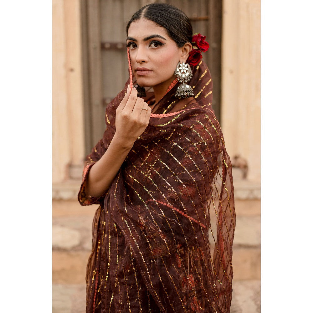 Gulabo Jaipur Prital Brown Anarkali Kurta with Pants & Dupatta (Set of 3)
