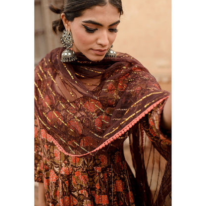 Gulabo Jaipur Prital Brown Anarkali Kurta with Pants & Dupatta (Set of 3)