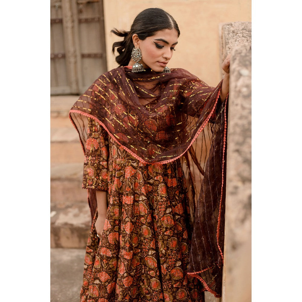 Gulabo Jaipur Prital Brown Anarkali Kurta with Pants & Dupatta (Set of 3)