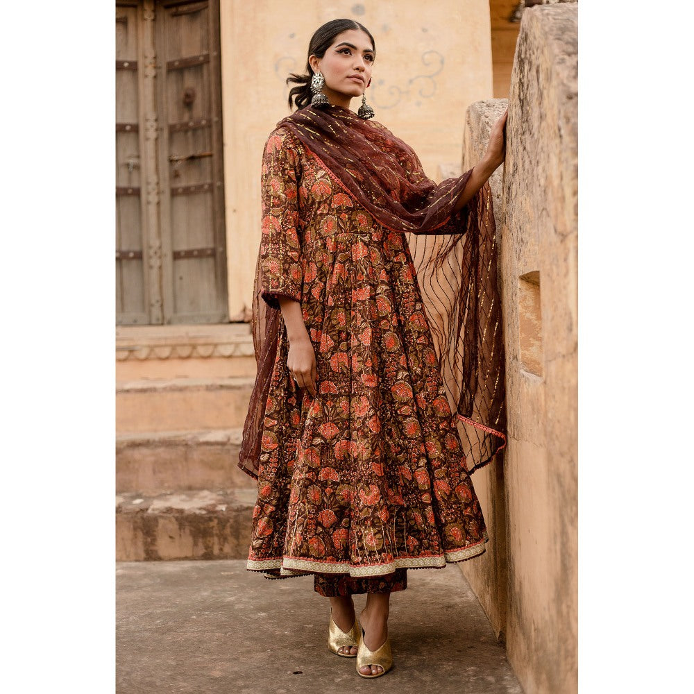 Gulabo Jaipur Prital Brown Anarkali Kurta with Pants & Dupatta (Set of 3)