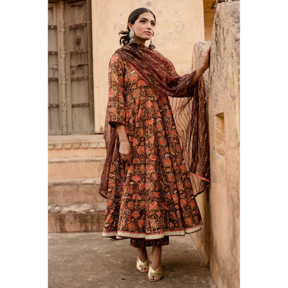 Gulabo Jaipur Prital Brown Anarkali Kurta with Pants & Dupatta (Set of 3)