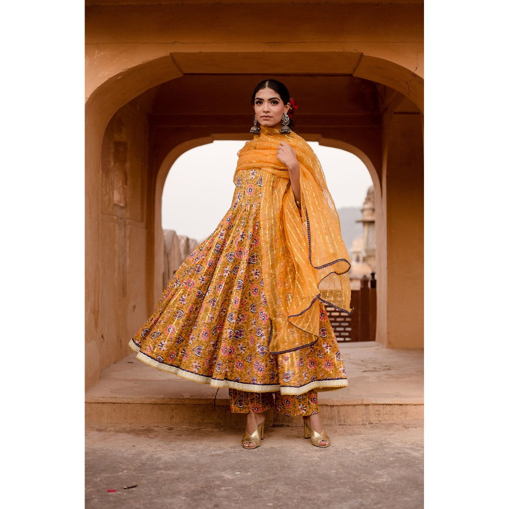 Gulabo Jaipur Prital Yellow Anarkali Kurta with Pants & Dupatta (Set of 3)