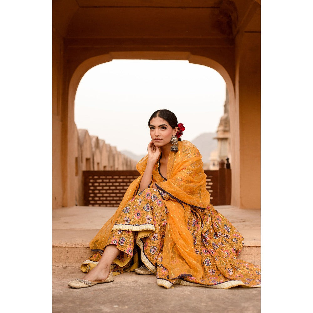 Gulabo Jaipur Prital Yellow Anarkali Kurta with Pants & Dupatta (Set of 3)