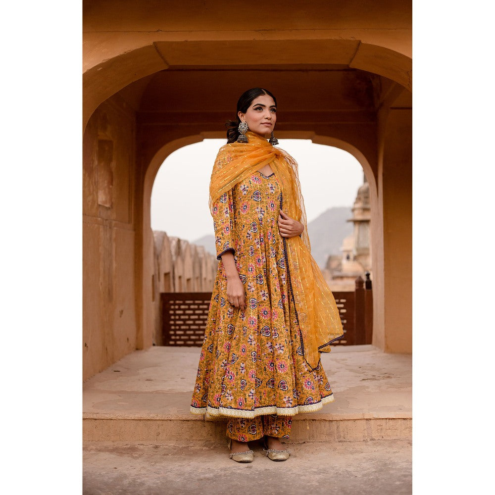 Gulabo Jaipur Prital Yellow Anarkali Kurta with Pants & Dupatta (Set of 3)